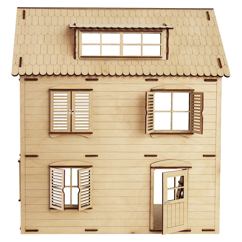 May include: A wooden dollhouse with a brown roof, two windows with shutters, and a door. The dollhouse is made of unfinished wood and has a simple design.