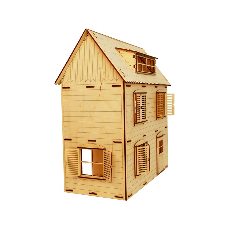 May include: A wooden dollhouse with a light brown finish. The dollhouse has a gabled roof, four windows, and a door. The windows have shutters that are open. The dollhouse is made of wood and has a natural wood grain.
