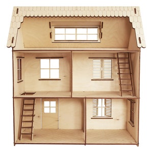 May include: A wooden dollhouse with three levels, a roof with a dormer window, and two ladders. The dollhouse has windows with shutters and a door.