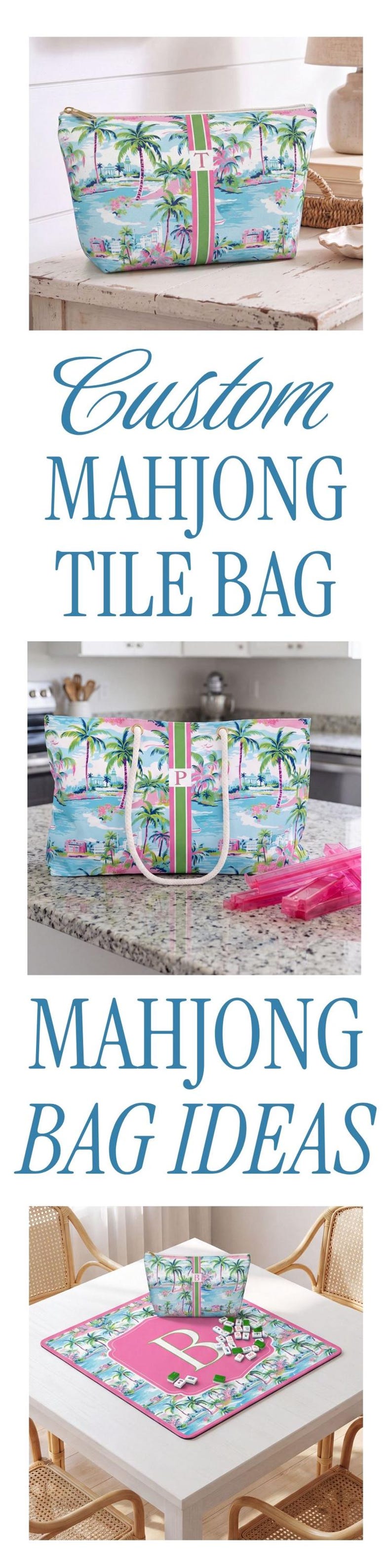 May include: A collection of mahjong accessories featuring a tropical palm tree print in blue, pink, and green. Items include a zippered pouch, a tote bag with white rope handles, and a square mat, all accented with a central monogrammed stripe.
