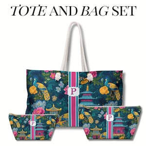 May include: A tote and bag set featuring a dark blue background with a pattern of peacocks, flowers, and pagodas. The bags include a vertical pink and teal stripe with a white label displaying the letter P. The tote has white rope handles.