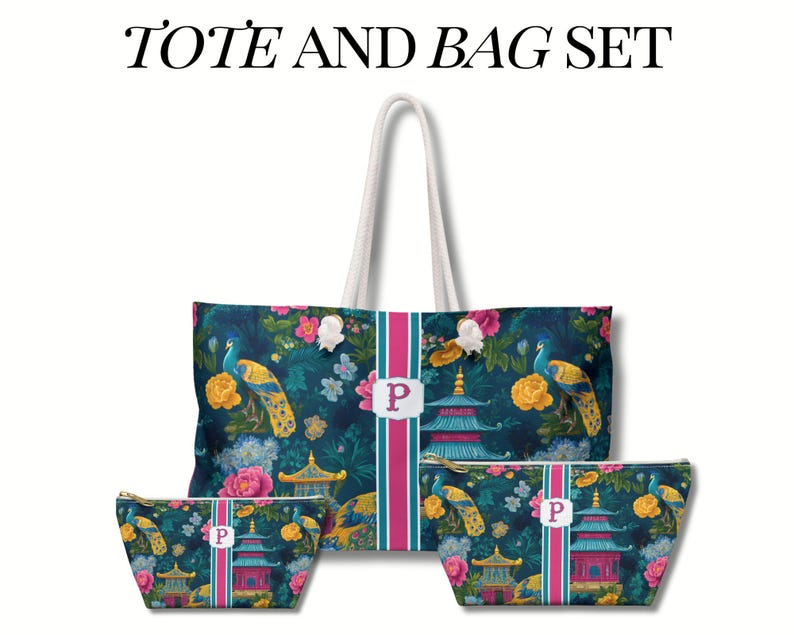 May include: A tote and bag set featuring a dark blue background with a pattern of peacocks, flowers, and pagodas. The bags include a vertical pink and teal stripe with a white label displaying the letter P. The tote has white rope handles.