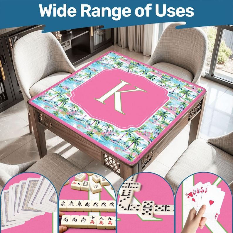 May include: A wooden table with a pink top featuring a tropical design and the letter "K". The table is surrounded by chairs. The image also shows playing cards, dominoes, and mahjong tiles, suggesting a variety of uses. The text "Wide Range of Uses" is at the top.
