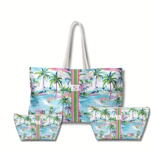 May include: A large tote bag and two smaller zippered pouches featuring a tropical palm tree print in shades of blue, green, and pink. Each item has a vertical green and pink striped center panel with a white square containing the letter S.