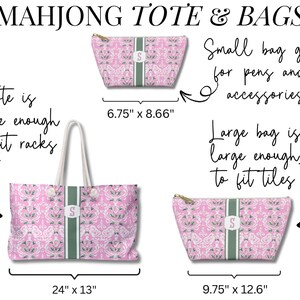 May include: A pink and white patterned tote bag and two zippered pouches with a central green stripe and the letter S. The tote measures 24 inches by 13 inches, the small pouch is 6.75 inches by 8.66 inches, and the large pouch is 9.75 inches by 12.6 inches.