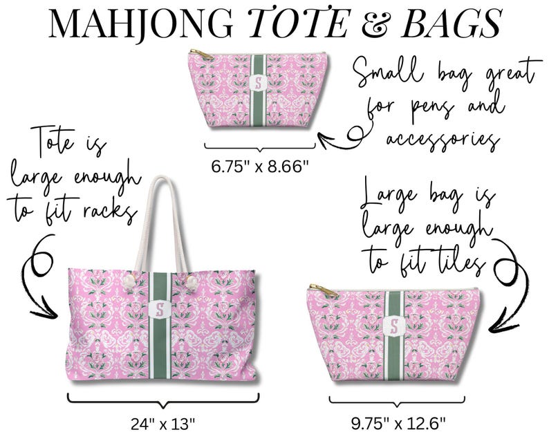 May include: A pink and white patterned tote bag and two zippered pouches with a central green stripe and the letter S. The tote measures 24 inches by 13 inches, the small pouch is 6.75 inches by 8.66 inches, and the large pouch is 9.75 inches by 12.6 inches.