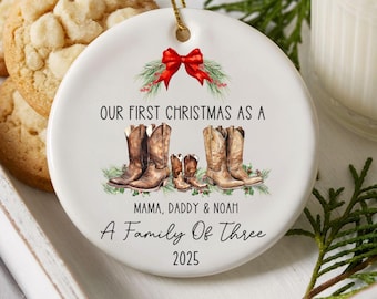 Personalized First Christmas Family Of 3 Christmas Ornament Family of Three Ornament 2025 Family Of Three Custom Ornament New Baby Western