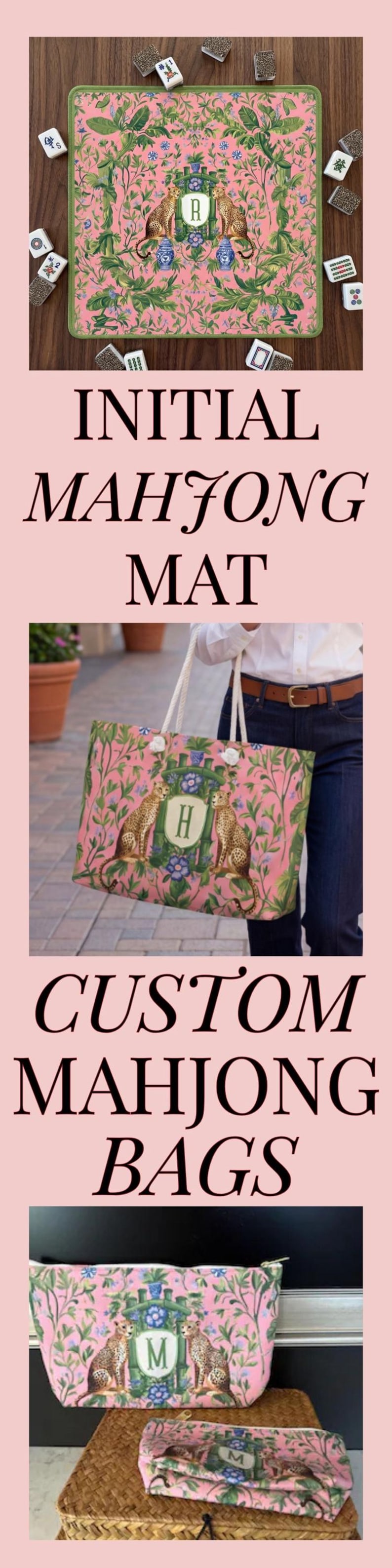 May include: Pink custom Mahjong mat and bags with a floral and cheetah print. The bags and mat feature an initial in a decorative frame. The mat is surrounded by green trim. Mahjong tiles are visible.