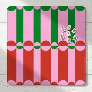 Christmas Mahjong Mat Color Block Stripe Pattern Nonslip Table Cover Game Night Pad Noise Reduction Pink Red Green Modern Mahjong Gift Idea