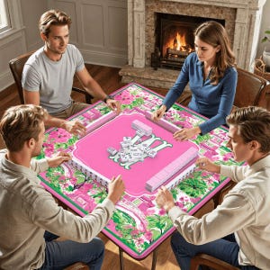May include: A group of four people playing Mahjong. The game is set on a pink table with a floral design. The tiles and racks are pink. The players are seated around the table, each holding tiles.