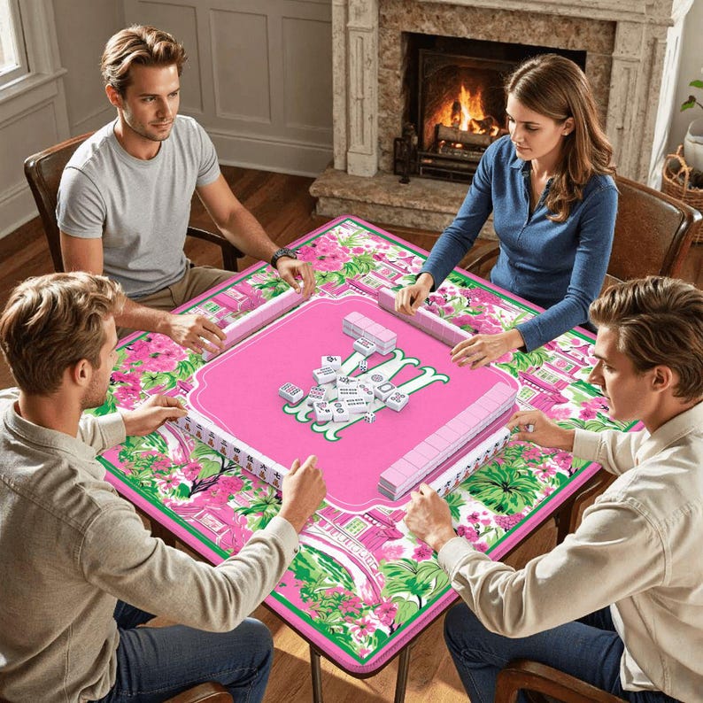 May include: A group of four people playing Mahjong. The game is set on a pink table with a floral design. The tiles and racks are pink. The players are seated around the table, each holding tiles.