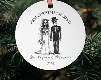 Custom First Christmas Married Goth Couple Ornament Christmas Skeleton Couple Wedding Gift Skeleton Bride and Groom Goth Ornament Christmas