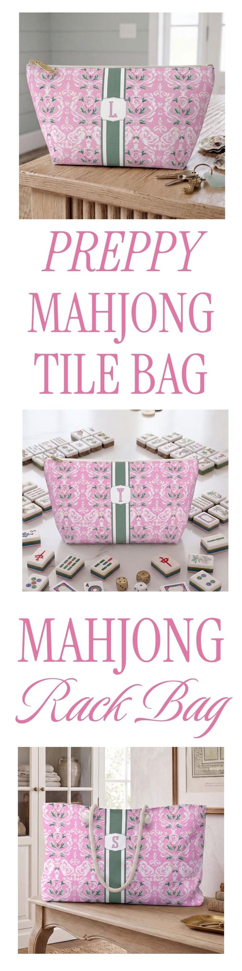 May include: A pink and white damask patterned pouch and tote bag set featuring a central vertical green stripe with a white monogrammed label. The bags have gold-toned zippers or rope handles and are displayed with mahjong tiles and dice.