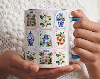 Taza de café Mahjong, taza de cerámica con diseño de azulejos estilo chinoiserie, estilo preppy Palm Beach, regalo para noche de juegos en la costa, jugador entusiasta, anfitriona.