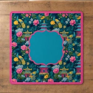 Mahjong Table Mat Peacock Design Pad Square Playing Surface Noise Reduction Felt Material Non Slip Backing Tile Game Accessory Pagoda Pattern Teal Turquoise Background Pink Flowers Scalloped Edge 31 Inch Square Mat Table Protector Quiet Game Mat Pad Protector Mahjong Playing Surface Non Slip Backing Tile Protection Noise Reduction Felt Material Square Table Mat Peacock Pagoda Design Teal Turquoise Center Area Pink Flowers Scalloped Edge 31 Inch Gaming Accessory Decorative