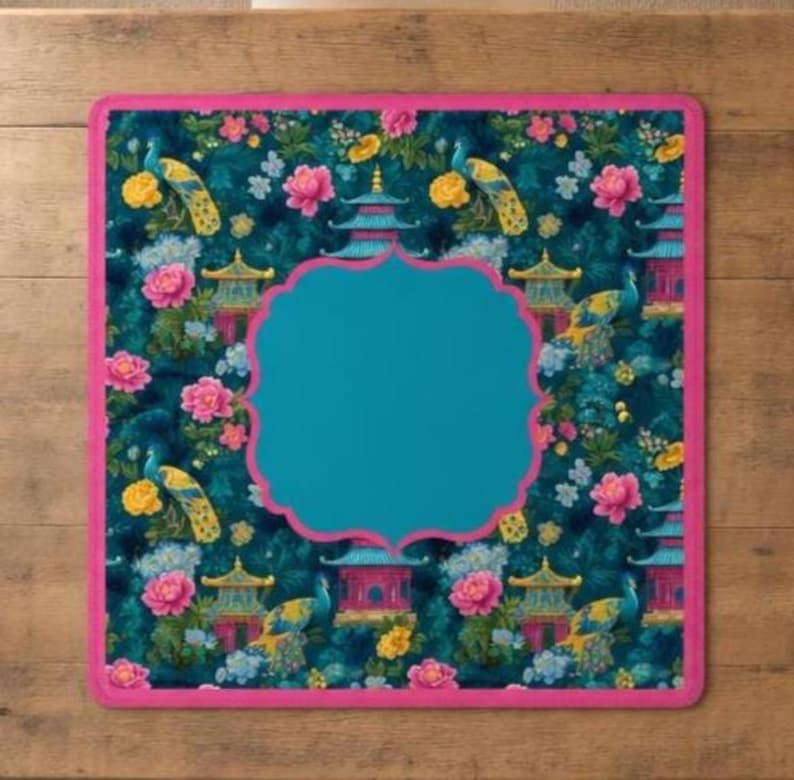 Mahjong Table Mat Peacock Design Pad Square Playing Surface Noise Reduction Felt Material Non Slip Backing Tile Game Accessory Pagoda Pattern Teal Turquoise Background Pink Flowers Scalloped Edge 31 Inch Square Mat Table Protector Quiet Game Mat Pad Protector Mahjong Playing Surface Non Slip Backing Tile Protection Noise Reduction Felt Material Square Table Mat Peacock Pagoda Design Teal Turquoise Center Area Pink Flowers Scalloped Edge 31 Inch Gaming Accessory Decorative