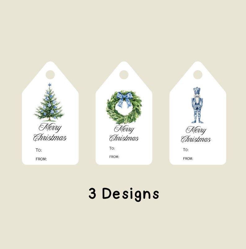 May include: Three white Christmas gift tags with watercolor designs. One features a Christmas tree, another a wreath with a blue bow, and the third a nutcracker. Each tag has "Merry Christmas" and space for "To:" and "From:."
