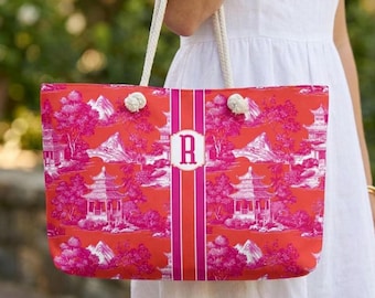 Monogram Mahjong Tote Bag Pagoda Print Initial Tote Preppy Chinoiserie Mahjong Bag Christmas Gift For Mahjong Player Gift Birthday Mahj Gift