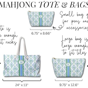 May include: A collection of Mahjong tote bags and pouches. The tote bag is 24" x 13", the large pouch is 9.75" x 12.6", and the small pouch is 6.75" x 8.66". Each bag features a blue and green floral pattern with a central stripe and initial.