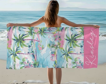 Personalized Palm Tree Beach Towel Palm Tree Print Beach Towel Gift Preppy Print Vacation Beach Towel Gift Personalized Teen Girl Gift Name