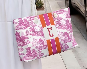 Monogrammed Mahjong Tote Bag Mahjong Chinoiserie Travel Bag Pagoda Print Monogrammed Tote Bag Initial Mahjong Gift Christmas Mahjong