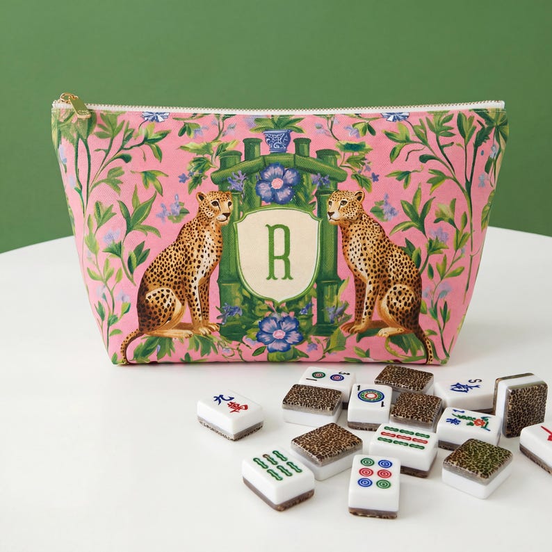 Leopard mahjong bag, leopard initial zipper pouch, cheetah mahjong tile bag, cheetah initial bag, botanical leopard bag, cheetah floral bag, zipper cheetah bag, cheetah makeup bag, cheetah cosmetic bag, Wild, Wild, Wife bachelorette favor, botanical cheetah bag, chinoiserie cheetah bag, chinoiserie leopard bag