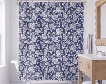 Floral Shower Curtain Blue Bathroom Decor Botanical Design Damask Pattern Home Accessory Nature Inspired Elegant Washable Fabric Tub Drape