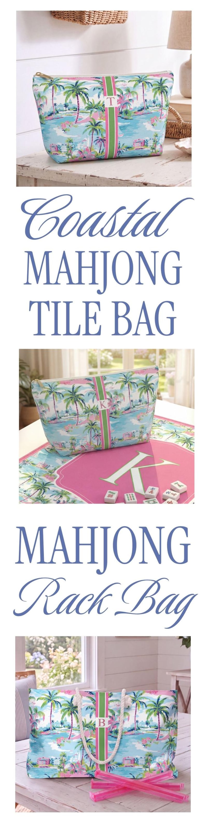 May include: A zippered pouch and a tote bag featuring a tropical palm tree and coastal building print in shades of blue, pink, and green. Both items have a central vertical green and pink stripe with a white monogram letter and white rope handles.