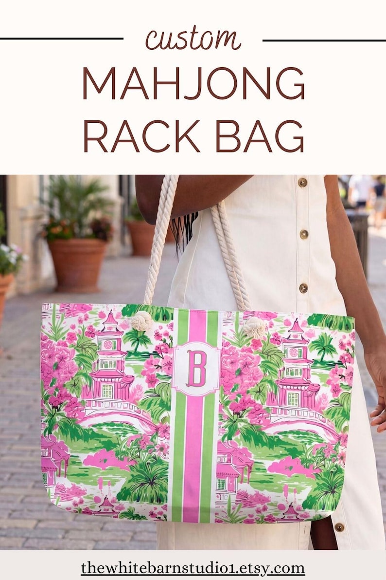 Personalized Mahjong Tote Pagoda Print Mahj Preppy Tote Bag Mahjong Rack Bag Mahj Ong Carry All Gift For Mahjong Game Gift Mom Birthday Mahj image 19