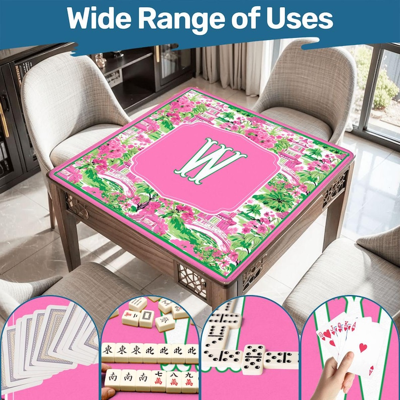 May include: A wooden game table with a pink floral design and the letter "W" in the center. The table is surrounded by chairs and has various game pieces displayed, including cards, dominoes, and mahjong tiles. The text "Wide Range of Uses" is at the top.