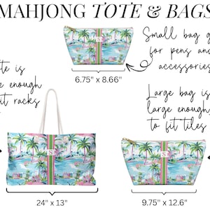 May include: A set of three bags featuring a tropical palm tree print with a central vertical stripe and a letter S monogram. The bags include a large tote measuring 24 inches by 13 inches, a medium bag at 9.75 inches by 12.6 inches, and a small bag at 6.75 inches by 8.66 inches.