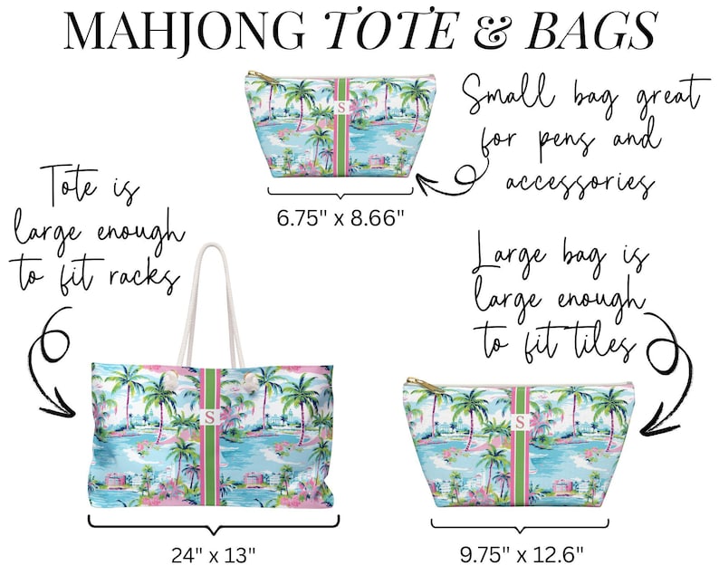 May include: A set of three bags featuring a tropical palm tree print with a central vertical stripe and a letter S monogram. The bags include a large tote measuring 24 inches by 13 inches, a medium bag at 9.75 inches by 12.6 inches, and a small bag at 6.75 inches by 8.66 inches.