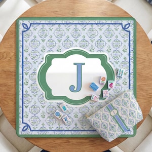 Op de afbeelding: Een decoratieve placemat met een groene rand en een bloemenpatroon in blauw en wit. Een groot groen en wit frame met de letter "J" in blauw staat in het midden. Een bijpassend make-up tasje en diverse decoratieve tegels zijn ook aanwezig.