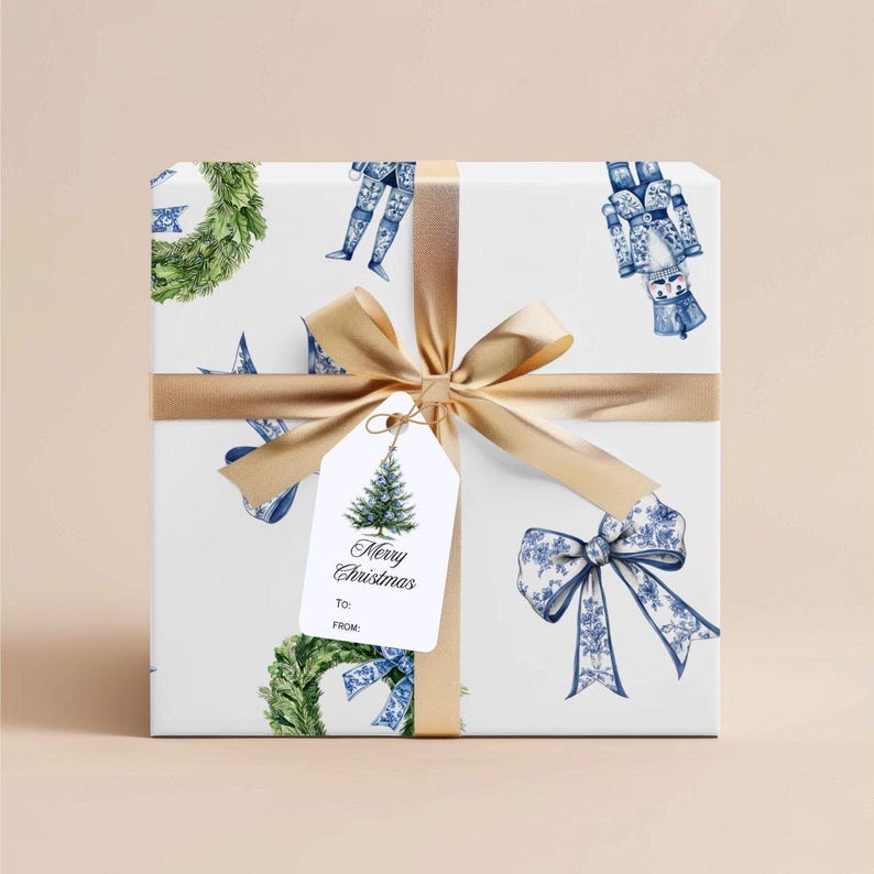 Printable Christmas Gift Tag Instant Download Nutcracker Blue Chinoiserie Matching Gift Wrap Gift Tag Christmas Hang Tag Xmas Gift Tag Print