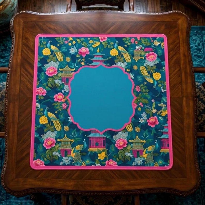 Felt Gaming Surface Mat Mahjong Table Pad Tile Protection Noise Reduction Material Non Slip Backing Square Playing Area Peacock Pagoda Design Teal Turquoise Background Pink Flowers Scalloped Edge 31 Inch Game Accessory Decorative Pattern