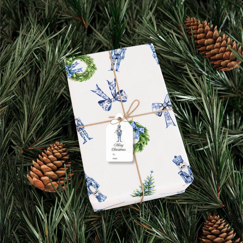 Printable Christmas Gift Tag Instant Download Nutcracker Blue Chinoiserie Matching Gift Wrap Gift Tag Christmas Hang Tag Xmas Gift Tag Print