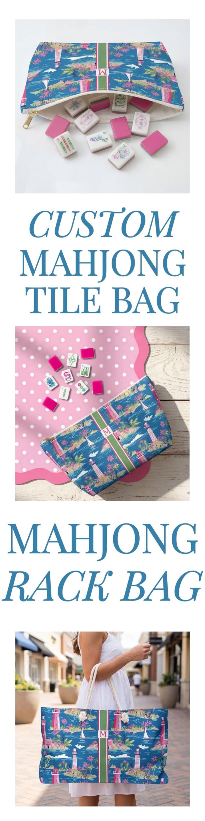May include: A zippered pouch and a tote bag featuring a blue coastal print with lighthouses, palm trees, and sailboats. Both items have a central green and white vertical stripe with a letter M monogram. Mahjong tiles are shown with the pouch.