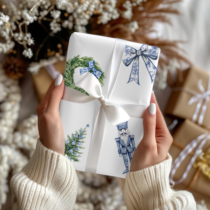 Coquette Toile Bow Gift Wrap blue Toile Nutcracker Blue Toile Wreath blue Toile Christmas Tree Gift Wrap Luxury Nutcracker Wrapping Paper Unique Grandmillenial Paper