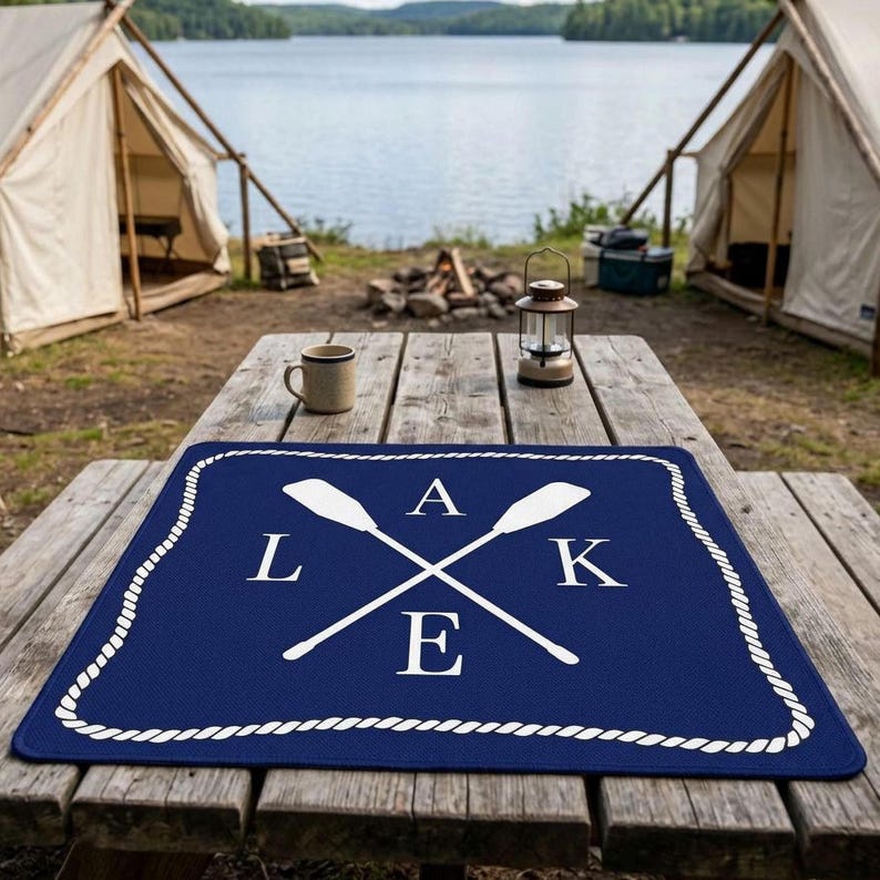 May include: A navy blue mat with a white rope border and the word "LAKE" spelled out with crossed oars. The mat is on a wooden picnic table with camping tents and a lake in the background.