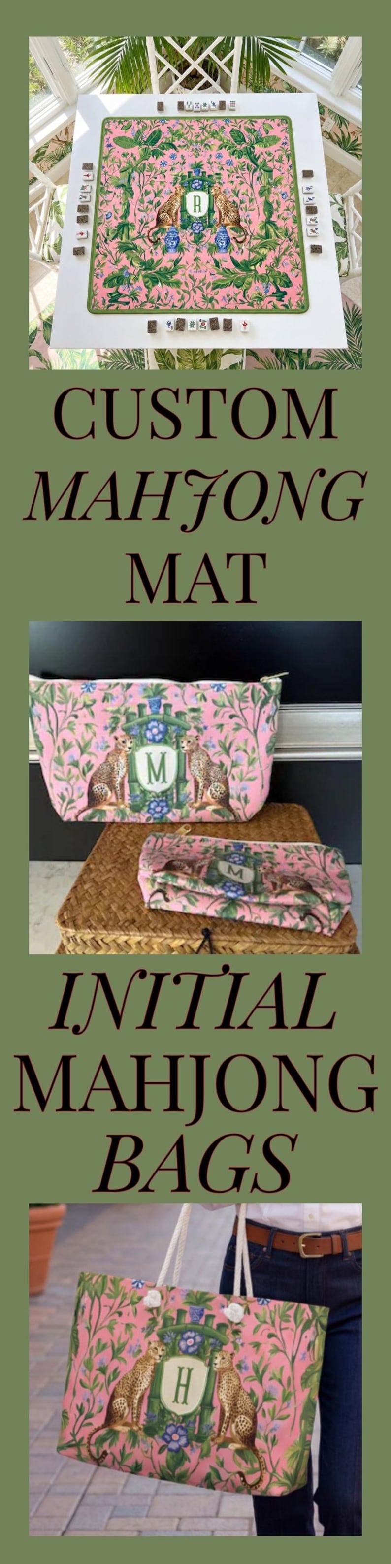 May include: Pink Mahjong mat, bags, and tote bag with a floral and leopard print. The bags and mat feature a monogram. The text "CUSTOM MAH JONG MAT" and "INITIAL MAH JONG BAGS" are displayed.