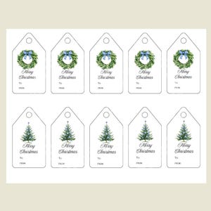 May include: A sheet of white Christmas gift tags. The tags feature watercolor illustrations of wreaths and Christmas trees, with the text "Merry Christmas" and space for "To" and "From" written in black script.