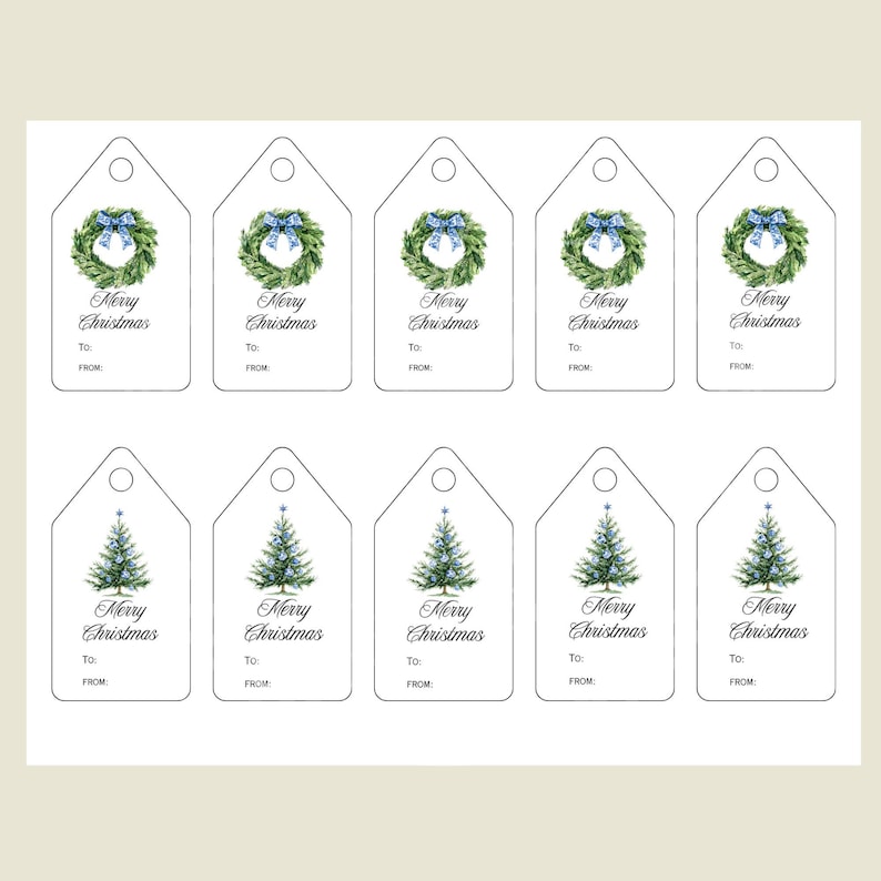 May include: A sheet of white Christmas gift tags. The tags feature watercolor illustrations of wreaths and Christmas trees, with the text "Merry Christmas" and space for "To" and "From" written in black script.