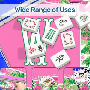 May include: A collection of white and blue Mahjong tiles with various symbols and markings, displayed on a pink floral patterned surface. The image includes the text "Wide Range of Uses". Additional game pieces like playing cards and dominoes are also shown.