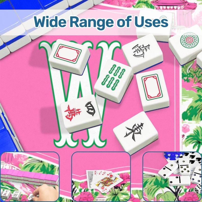 May include: A collection of white and blue Mahjong tiles with various symbols and markings, displayed on a pink floral patterned surface. The image includes the text "Wide Range of Uses". Additional game pieces like playing cards and dominoes are also shown.
