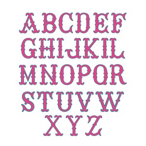 May include: A complete set of uppercase English alphabet letters from A to Z, rendered in a bold, decorative serif font. Each letter features a vibrant pink fill with a thin, dark blue outline, arranged in four rows against a plain white background.