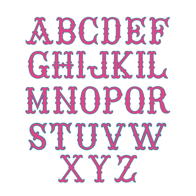 May include: A complete set of uppercase English alphabet letters from A to Z, rendered in a bold, decorative serif font. Each letter features a vibrant pink fill with a thin, dark blue outline, arranged in four rows against a plain white background.