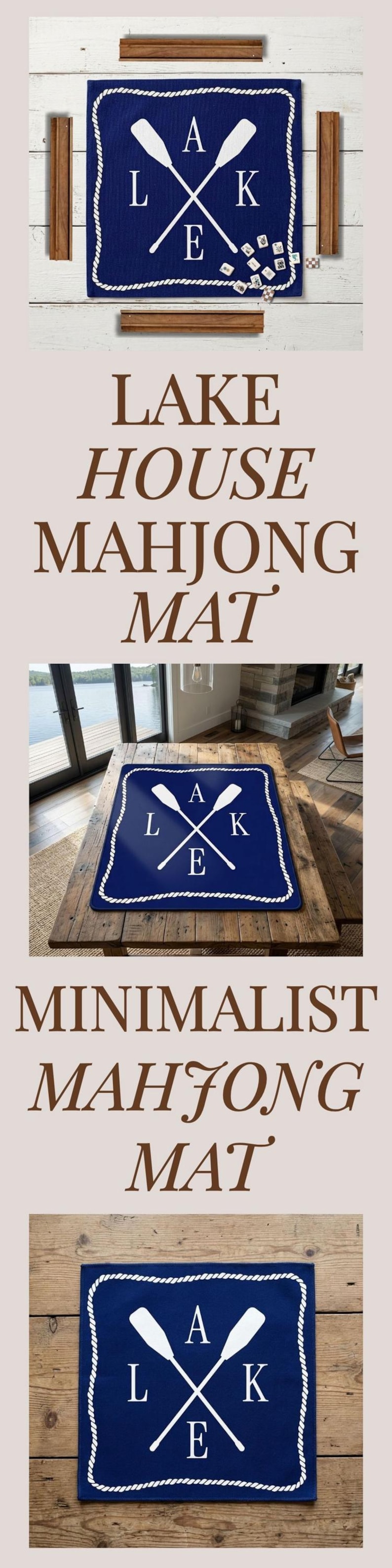 May include: A navy blue Mahjong mat with a white rope border and a crossed oar design. The word "LAKE" is spelled out with the letters L, A, K, and E. The mat is on a wooden surface.