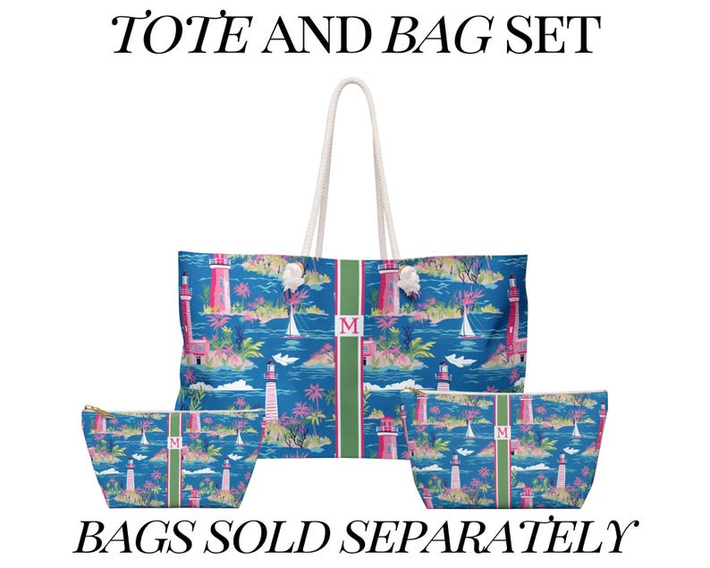 May include: A tote bag and two smaller pouches featuring a blue background with a lighthouse, sailboat, and palm tree pattern. Each item has a vertical green stripe with a pink letter M. The text TOTE AND BAG SET and BAGS SOLD SEPARATELY appears.