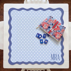 May include: A light blue placemat with white polka dots and a scalloped dark blue border. A floral print pouch with a gold zipper and several small blue game pieces are on the placemat. The initials "MRA" are in the lower right corner.