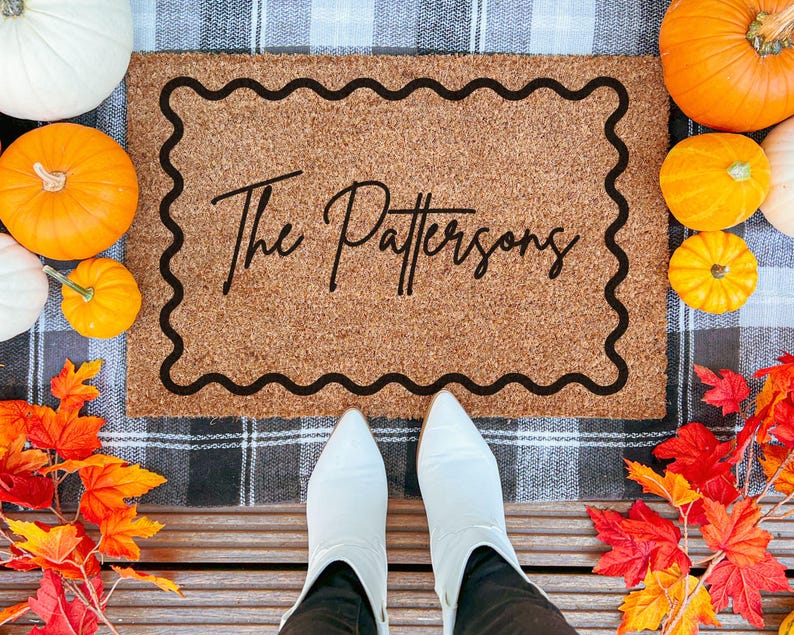 Personalized Welcome Mat Decorative Scallop Doormat Custom Wedding Shower Gift Wavy Scallop Custom Doormat Housewarming Gift Scallop Decor